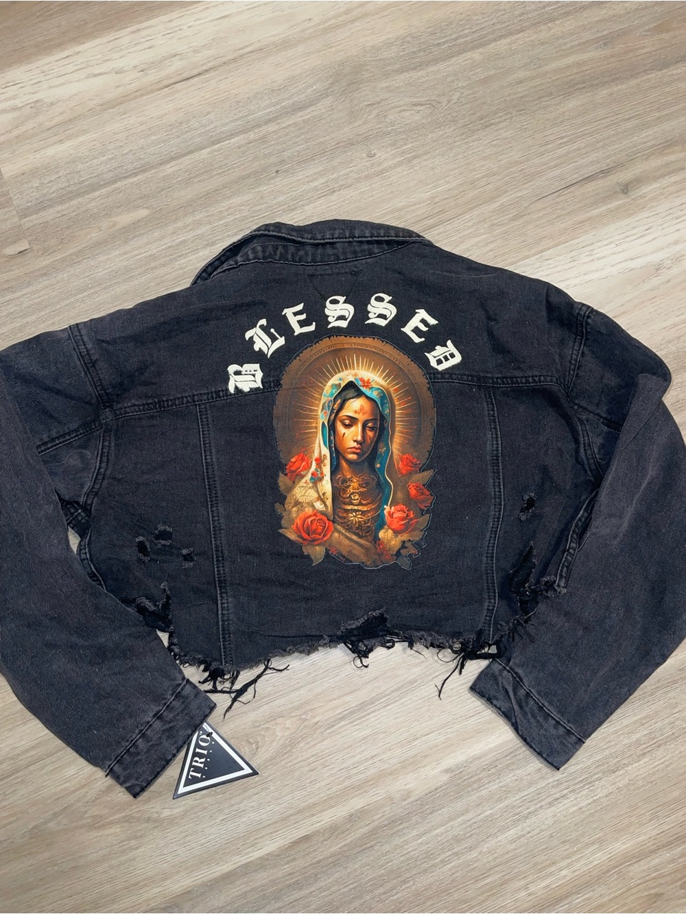 Trio Urban Blessed Virgin Mary Cropped Denim Jacket Black S/M